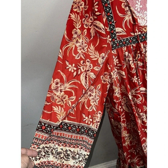 Beach Lunch Lounge Midi Dress SZ L Red FLORAL BOHO  Cottagecore Boho Rayon - Picture 2 of 6